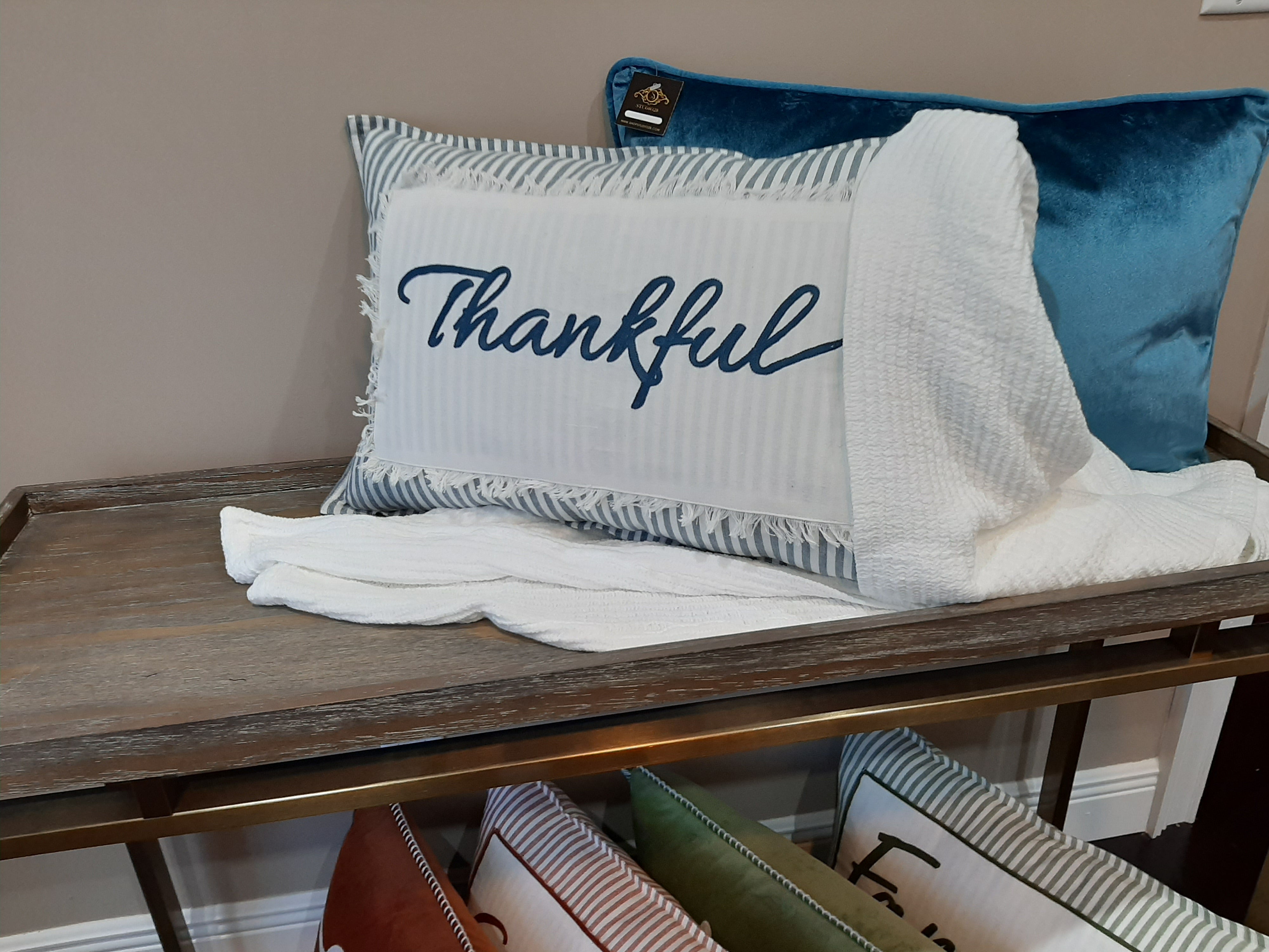 Thankful in Teal Stripe Pillow